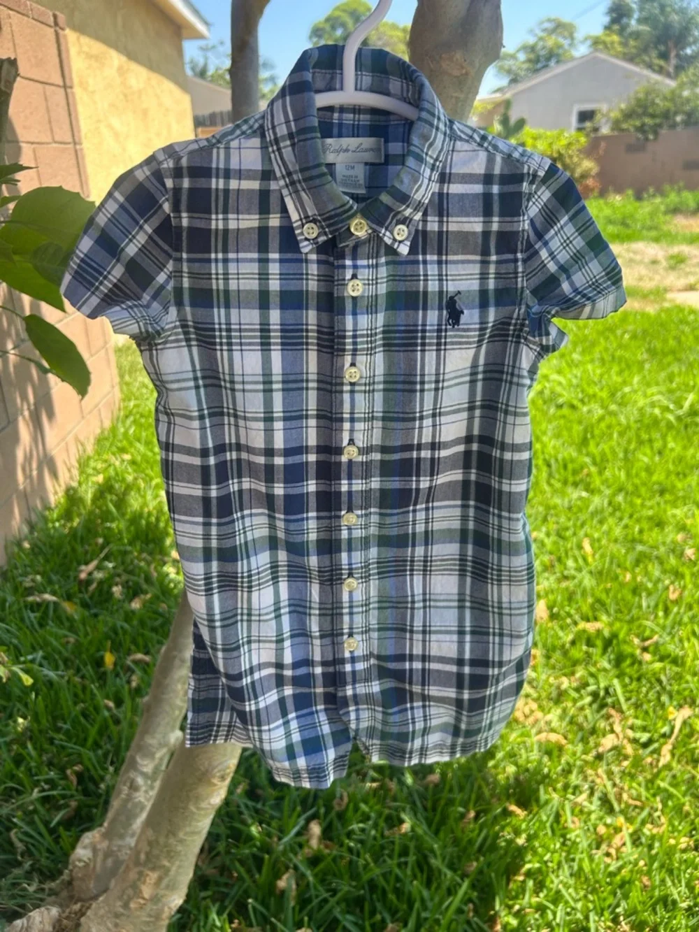 Ralph Lauren Navy, White & Green Plaid Short-Sleeve Romper